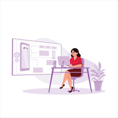 Young female designer working in front of a computer developing new applications and software. Design And Development concept. Trend Modern vector flat illustration