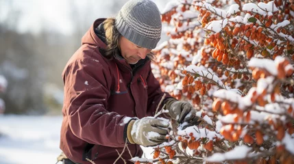 Crédence de cuisine en verre imprimé Canada A gardener trims a bush in winter