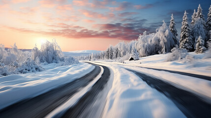 winter road, covered with snow - obrazy, fototapety, plakaty