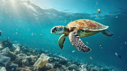 A sorrowful sea turtle swims amidst human waste, painting a poignant plea for ecology and environmental care, accentuated by Generative AI.