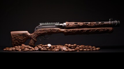 A delectable chocolate rifle entices with its rich texture and craftsmanship, melding culinary arts with a playful, surprising shape. Generative AI.