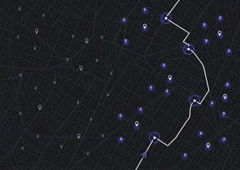 Abstract map background, poi. City streets, route distance data, path turns, destination tag or mark. Location tracks. For web design, presentations, advertising projects Vector illustration