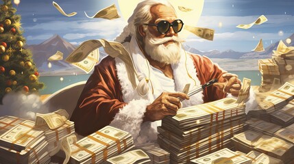 Santa Claus, striking a pose of arrogance, stands surrounded by opulent riches and piles of money, exuding an unexpected aura of affluence. Generative AI.