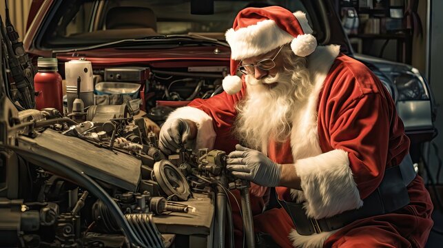 Santa Claus trades his toy workshop for an auto mechanic's garage, skillfully tuning up cars and showcasing a different set of talents. Generative AI.