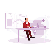 A busy businessman in the office analyzes trading charts on a computer screen. Financial Trading And Investing concept. Trend Modern vector flat illustration