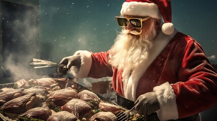 Santa Claus, usually known for gift-giving, expertly preps meat for a festive barbecue, showing a surprising culinary side to his talents. Generative AI.