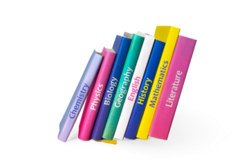 School colourfull textbooks isolated on white or png background. Books are on the shelf. Basic school subjects mathematics, literature, physic,s chemistry