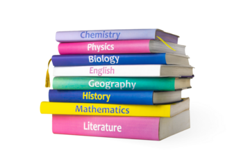 School colourfull textbooks isolated on white or png background. books are stacked. Basic school subjects mathematics, literature, physic,s chemistry