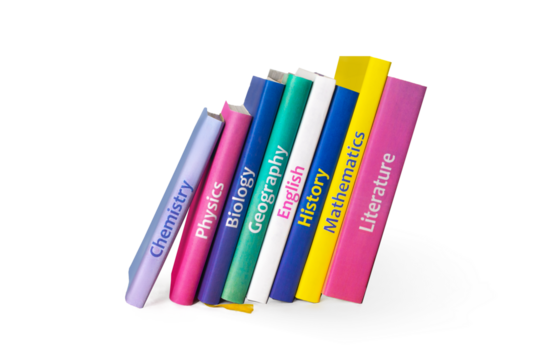 School colourfull textbooks isolated on white or png background. Books are on the shelf. Basic school subjects mathematics, literature, physic,s chemistry