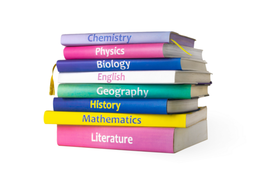 School colourfull textbooks isolated on white or png background. books are stacked. Basic school subjects mathematics, literature, physic,s chemistry
