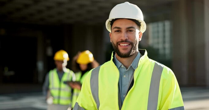 Happy man, architect and construction in leadership, management or team coordinator on site. Portrait of male person, contractor or engineer smile for professional architecture, project or ambition