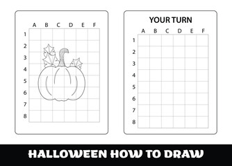Copy the picture kids game and coloring page with halloween pumpkin. Halloween education Copy the picture game for preschool children.
