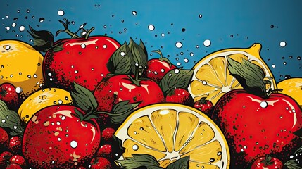  a painting of lemons, tomatoes, and strawberries.  generative ai