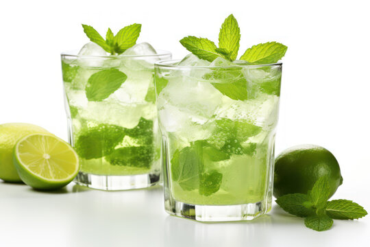 Mojito cocktail with lime and mint isolated on white. Summer refreshing drink in glass with ice 