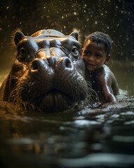 A boy with an hippo playing together in the water