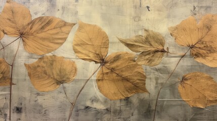 autumn leaves dried and skeletal on handmade paper texture background