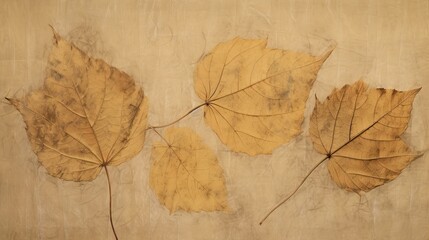 autumn leaves dried and skeletal on handmade paper texture background