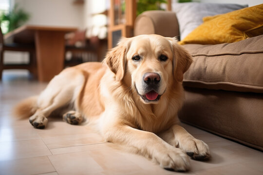 Dog is pictured laying on floor in front of couch. This image can be used to depict relaxation, home life, or bond between humans and pets.