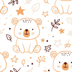 Seamless pattern with cute bear and leaves. Hand drawn childish repeating background