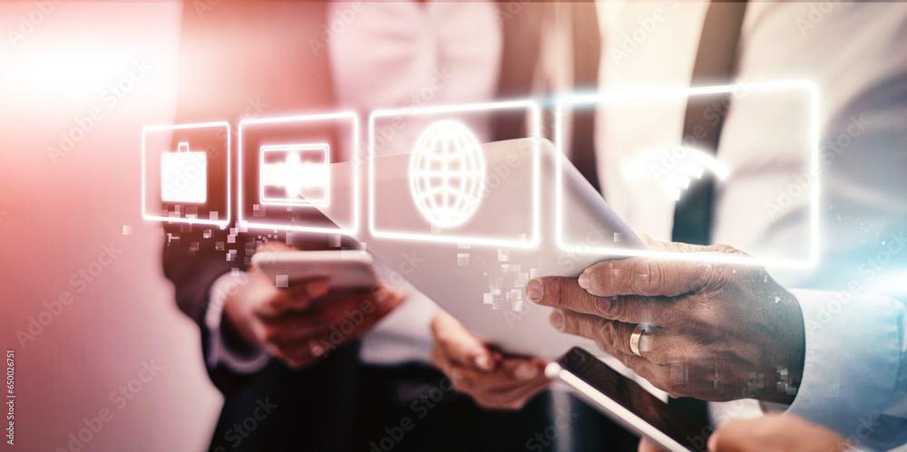 Aufkleber Hologram, tablet and hands of business people with futuristic networking for company growth and connection. Technology, software and team working on 3D digital worldwide development information