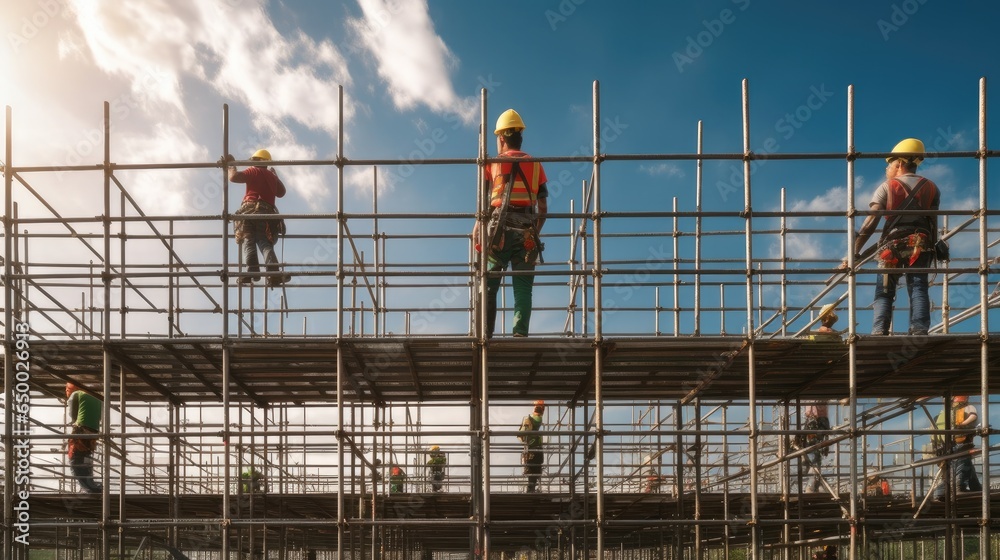 Poster construction worker working on scaffolding in construction site.
