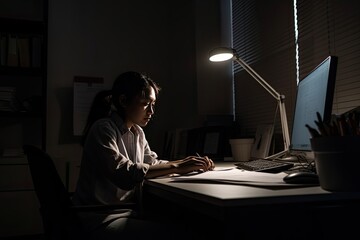 Young woman working until night - obrazy, fototapety, plakaty