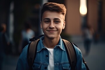 Naklejka premium Cheerful young student in the first day of university