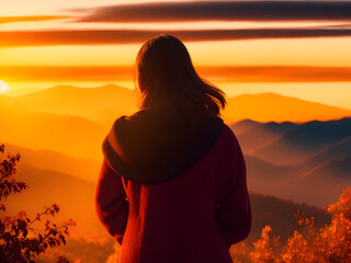 Silhouette of a sad woman standing in the mountains alone.