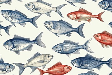 A hand drawing seamless pattern of fish - obrazy, fototapety, plakaty