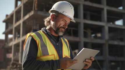 Fototapeta premium Engineer using a tablet to record progress data of a project in at construction site.