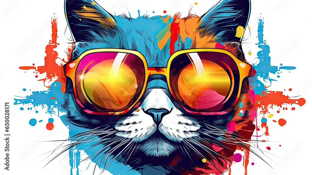 Sticker a cat wearing sunglasses with a splash of paint behind it. generative ai