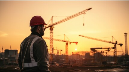 Engineer working at construction site with crane background at sunset.