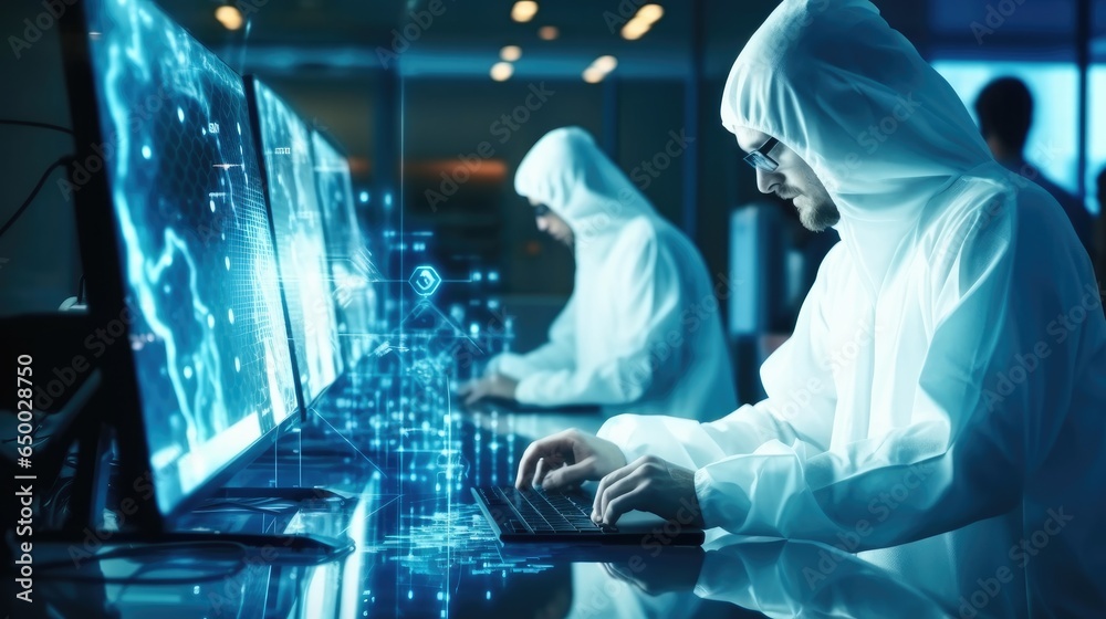 Leinwandbilder it engineers working in supercomputer room, development of a quantum computer, network background.