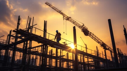 Silhouettes of construction workers going to work at a construction site.