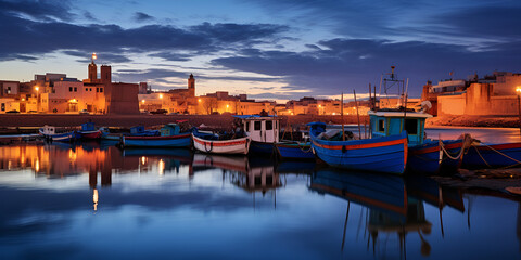 Fototapeta na wymiar Famous blue boats in the port of essaouira. Blue Boats in the Port of Essaouira