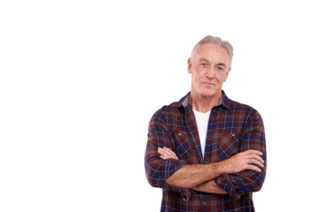 Portrait, serious and elderly man with arms crossed isolated on transparent png background. Face, senior and confident person in casual clothes for fashion style, trendy and retirement in Australia