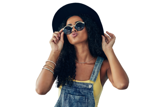 Summer, fashion and kiss, woman isolated on transparent png background in sunglasses and hat for portrait. Travel, holiday and happy gen z girl in eyewear, designer clothes and luxury vacation style.