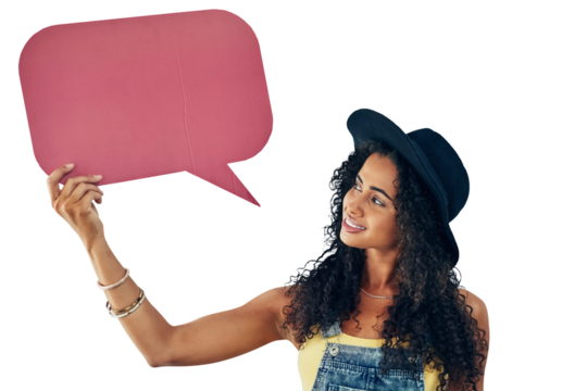 Speech bubble, news and woman with banner, space of faq on isolated, transparent and png background. Banner, space and female model show social media, platform or service offer with sign up steps