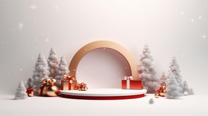 Background podium 3D gift product sale christmas stage winter display new year banner box. Holiday xmas white red stand render scene decoration platform minimal studio happy present. Generative AI