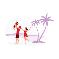 Obraz na płótnie Canvas Happy father, mother, child on holiday at the beach. They walked on the beach. Vacation Resort Travel concept. Trend Modern vector flat illustration