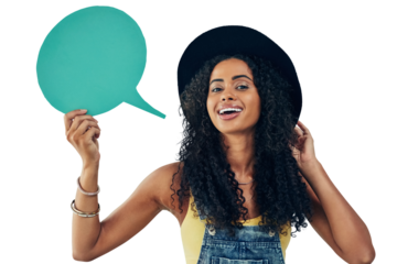 Fashion, portrait and woman with speech bubble, poster or sale on isolated, transparent or png background. Face, smile and female model show space for social media, sign up or cloth, discount or info