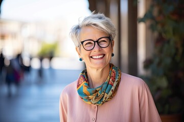 Confident senior woman smiling outdoors, wearing glasses. Photo generative AI