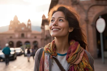 Fotobehang Smiling woman exploring new cityl. Photo generative AI © pixardi