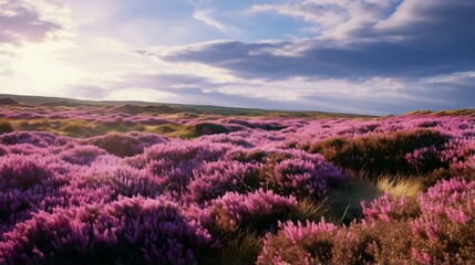 A vibrant field of purple flowers under a dramatic cloudy sky