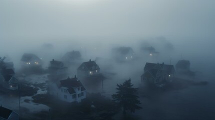 A foggy night landscape with houses and trees in the foreground