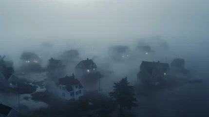 Foto op Plexiglas A foggy night landscape with houses and trees in the foreground © KWY