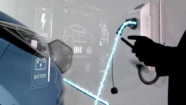 EV charging station for electric car with mobile app display charger status . The electric power is produced from sustainable resources to supply to charger station in order to reduce CO2 emission