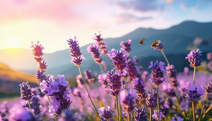 A bee flying over a field of vibrant lavender flowers - obrazy, fototapety, plakaty