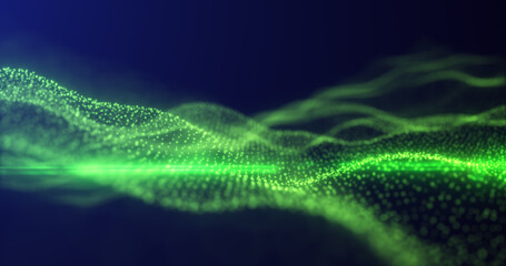 Abstract green energy waves from particles of futuristic hi-tech glowing background