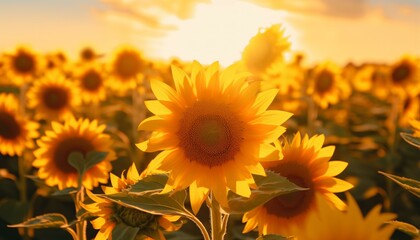 Obraz premium A field of vibrant sunflowers with the golden sun shining through